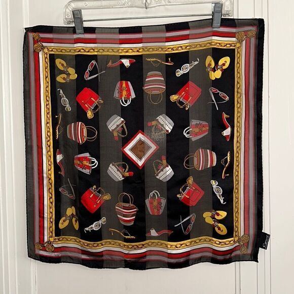 Cejon beach themed black, red, gold, white & gray silk square scarf - Picture 1 of 9